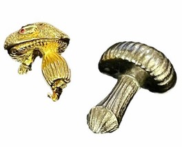 VTG Pair Mushroom Gold &amp; Silver -Toned Brooches Gold Pin w Ladybug &amp; Silver Pin - £19.94 GBP