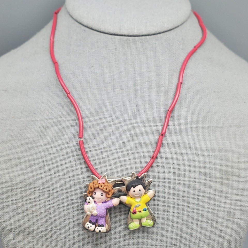 Boy Girl Charm Necklace Picolo Silver Tone Pink Vintage Needs Cleaning 17&quot; - $19.99