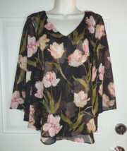 Jennifer Lopez 3/4 Flutter Sleeve Black Floral Gold Threading Lined V-Neck Top S - £16.81 GBP