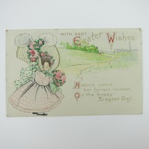 Easter Postcard Girl Feather Bonnet Pink &amp; Green Dress Pink Flowers Antique 1910 - £7.90 GBP