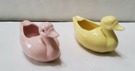 Ceramic Duck Ashtrays Tobacco Holder Painted Decoration 1960s Pink Yellow 4&#39;&#39; - £22.41 GBP