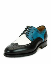 Three Tone White Blue Black Handmade Men Wingtip Party Wear Leather Shoes - $159.99