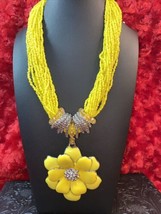 Vintage Yellow Enamel Flower Necklace With Seed Beads And Rhinestones 20” - £22.41 GBP