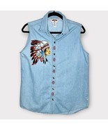 VINTAGE chambray Native American embroidered sleeveless button down shir... - £15.46 GBP