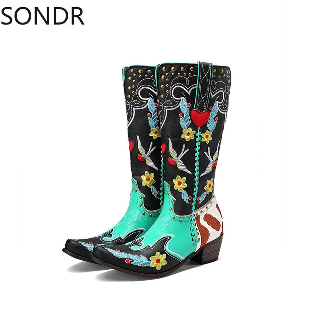 2024 Womens Ethnic Embroidery Mid-Calf Boots Chelsea Western  Heel Pointed Toe b - £227.62 GBP