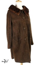 Vintage Ladies Chocolate Brown Suede Leather Coat w Fur Collar - Size L- Hey Viv - £95.92 GBP