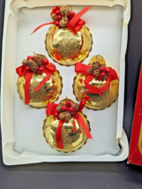 Vtg 4 RAUCH Victoria USA Made Glass Ornaments Gold Balls Glitter Pine Co... - $18.39