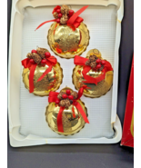 Vtg 4 RAUCH Victoria USA Made Glass Ornaments Gold Balls Glitter Pine Co... - £14.65 GBP