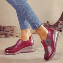 Women Embroider Flower Fashion Flat Increase Wedge Shoes Genuine Leather Ethnic  - £30.91 GBP