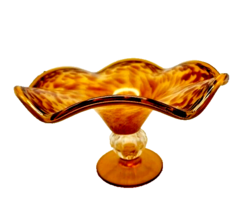 Art Glass Amber Dish on Clear Pedestal Ruffled Edge - $39.59