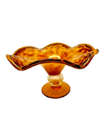 Art Glass Amber Dish on Clear Pedestal Ruffled Edge - £31.28 GBP