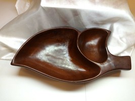 Vintage Hand carved  Wood Leaf Tray 2 compartment plate - £10.16 GBP