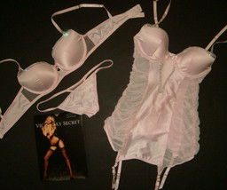 Victoria&#39;s Secret 34B,34C BRA SET+GARTER SLIP corset+S PINK SATIN FASHIO... - £196.58 GBP