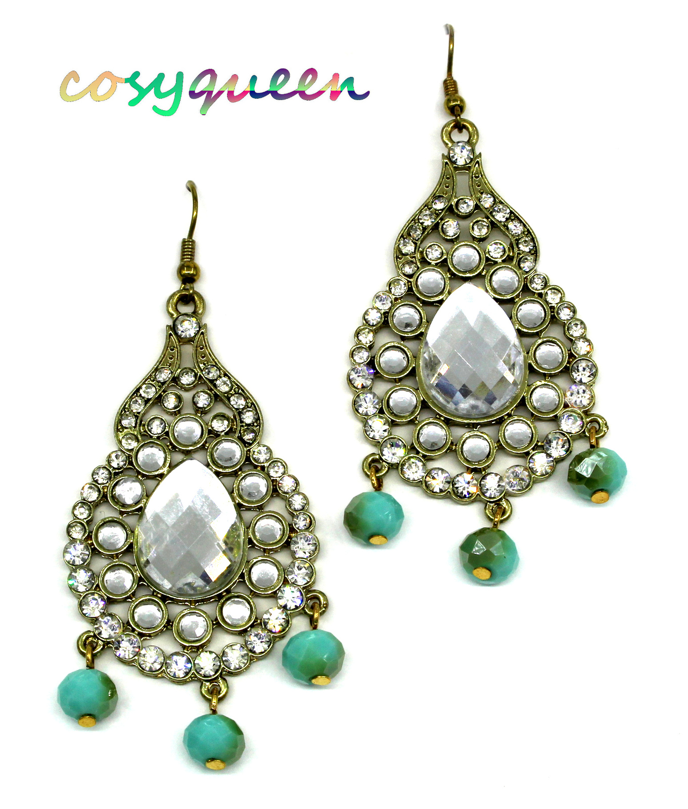 Women new gold clear aqua faceted stone diamante statement hook pierced earrings - $9,999.00