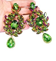 Rhinestone CLIP ON Earrings, Oversized Chandelier Earrings, Vitrail Drop Pageant - £47.30 GBP