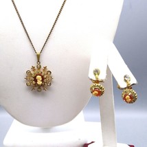 Vintage Tiny Cameo with Crystal Halo Pendant Necklace and Screwback Earrings - £59.44 GBP