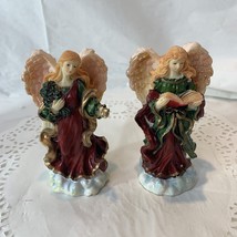 Vintage Holiday Resin Angel Figurines Red And Green Dress Glitter 4.5&quot; Tall - £4.02 GBP