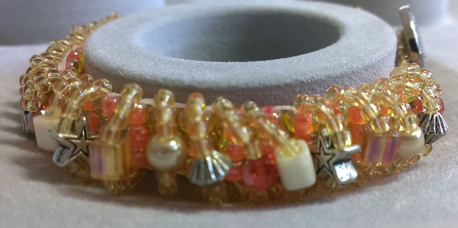 Primary image for Womens Orange and yellow Beaded Bracelet Handmade 5 1/2" Flower Button