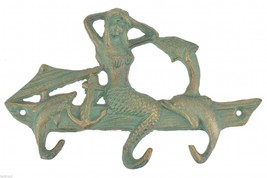 Metal Wall Hook Rack Mermaid &amp; Dolphins 7.375&quot; Wide Nautical Home Decor Beach - £7.78 GBP