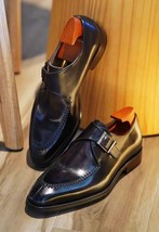New Handmade Men Genuine Black Leather Chisel Toe Single Monk Dress Formal Shoes - £104.49 GBP+