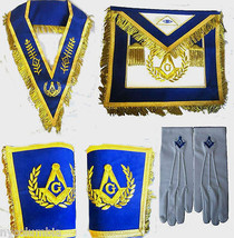 Masonic Regalia Set Master Mason Apron  Collar Cuffs &amp; Gloves Pair Blue Cp Made - £191.84 GBP
