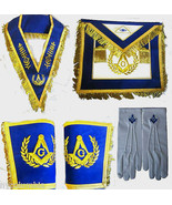 MASONIC REGALIA SET MASTER MASON APRON  COLLAR CUFFS &amp; GLOVES PAIR BLUE ... - $242.55