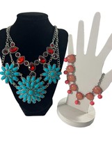 Lot of 3 Bib Style Necklaces Silver Tone Red Pink Blue Flower Statement - £11.90 GBP
