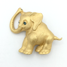 GOOD LUCK elephant vintage brooch - brushed gold-tone pin green rhinestone eyes - £11.80 GBP