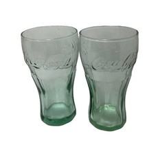 Coca Cola Juice Sized Glasses Embossed Green Glass Cola Bottle Shaped Lot of 2 - £11.45 GBP