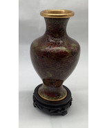 Brown Floral Chinese Cloisonne Small Vase w/wood Stand Brass Accents - £45.50 GBP