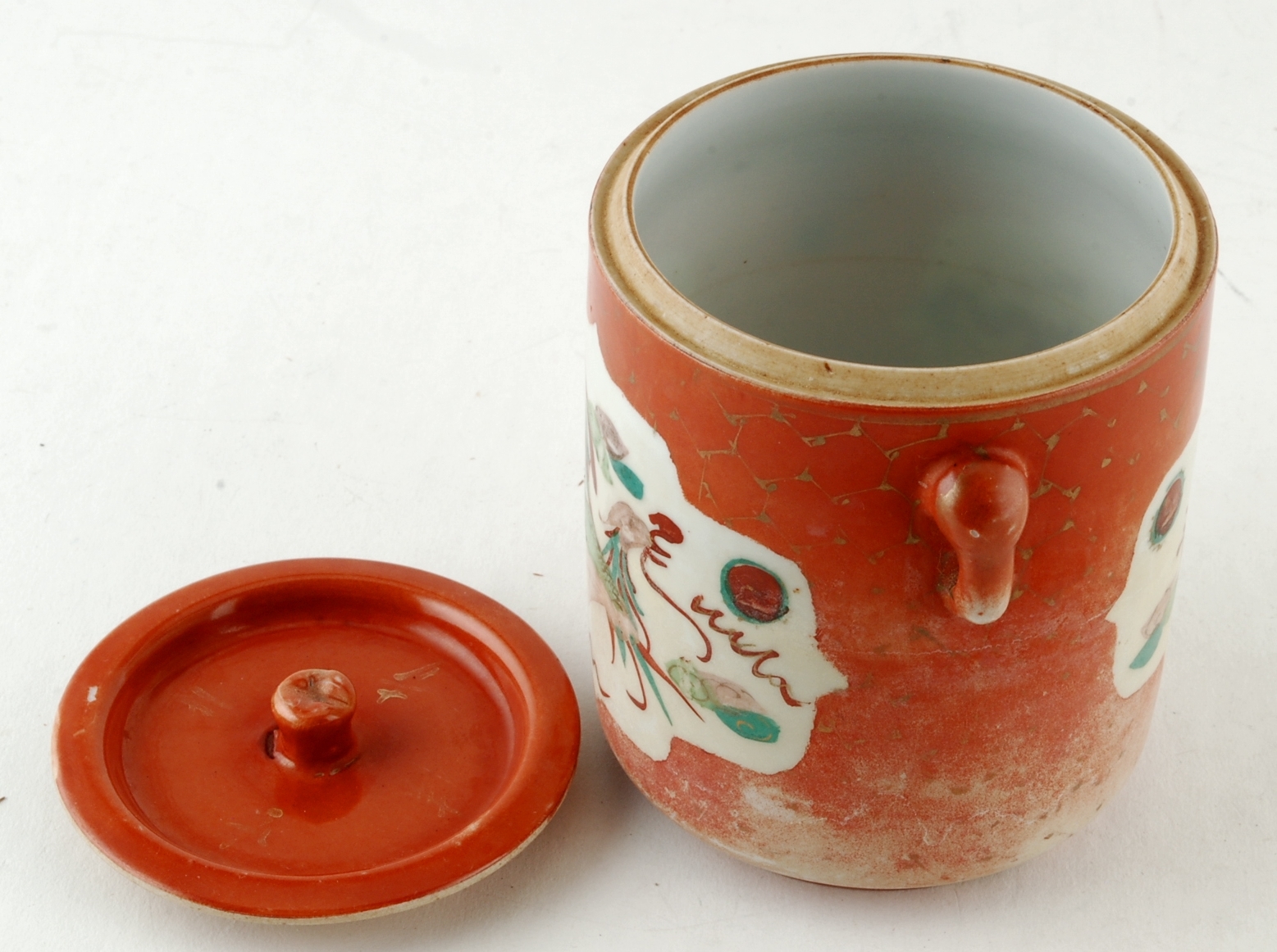 Old Chinese Tea Cup w Lid Hand Painted Dragon Phoenix Orange Color Item image 5