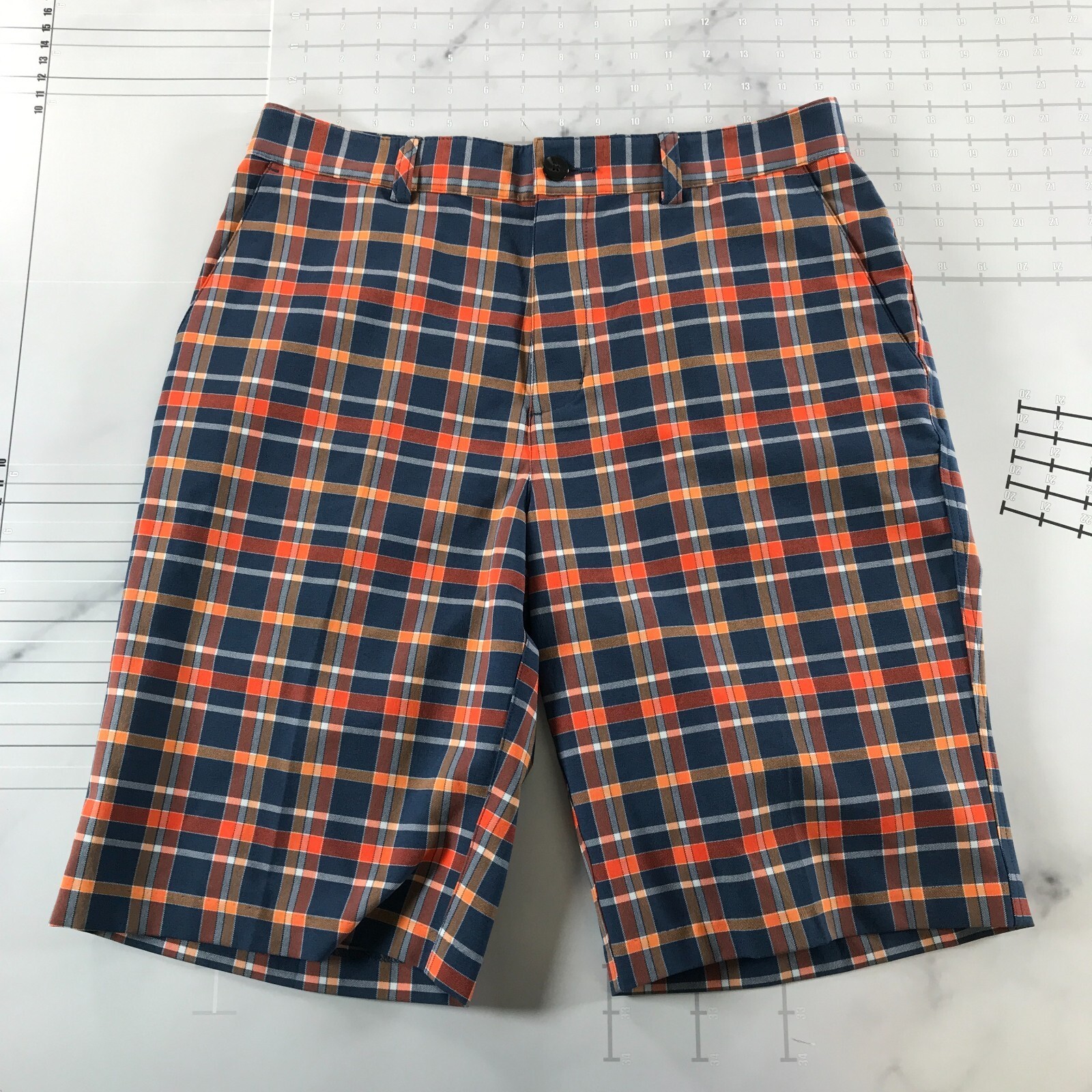 Adidas Shorts Herren 30 Orange Marineblau Kariert At Knietaschen Gestick... - $19.78