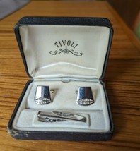 Vintage Tivoli Cuff Link &amp; Tie Pin Set Pierced Silver Tone Metal in Original Box - £10.87 GBP