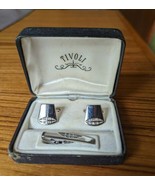 Vintage Tivoli Cuff Link &amp; Tie Pin Set Pierced Silver Tone Metal in Orig... - £10.66 GBP