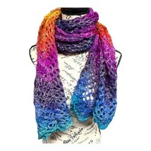 Vtg Rainbow Women&#39;s Knit Crochet Stole Handmade Scarf Shawl Wrap Soft 34” X  15” - £22.17 GBP