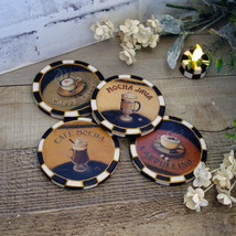 Courtly Coffee Bar Decor Hand Painted Black White Check Coffee Lover Coaster Set - £25.57 GBP