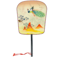 Oriental Fan Paddle Style Handheld Stretched Silk Two Sides Peacock Blue Bird - £7.06 GBP