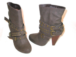 Bamboo Mid Calf Boots Womens 10 Studded Straps 4.75&quot; Heels Brown Funky Mint - $21.87
