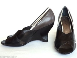 Kenzie Aston Leather Wedge Shoes Pumps Peep Toe Funky Womens 7 Black Tan - $34.74