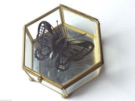 Hexagon Leaded Glass Trinket Jewelry Box Mirror Hinged Lid Butterfly Accent - £17.19 GBP