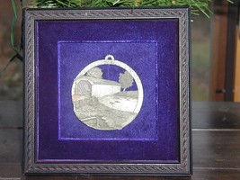 Metal Art Relief Covered Bridge Beaver Medallion Plaque Framed Cobalt Ve... - $27.60