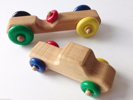 Set 2 wooden race cars toys natural wood colored wheels handcrafted 8&quot;L 6&quot;L  - £13.22 GBP