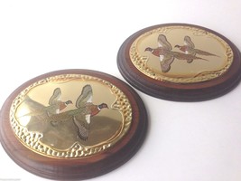 Set 2 large oval wall solid wood plaque embossed brass painted pheasants vintage - £20.20 GBP