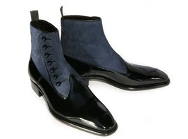 Handmade Men’s Black &amp; Grey Color Suede &amp; Leather Boots, Button Top Ankle High - £115.45 GBP
