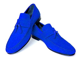 Men&#39;s Royal Blue Moccasin Tassel Loafer Slip On Suede Leather Black Sole Shoes - £119.89 GBP+