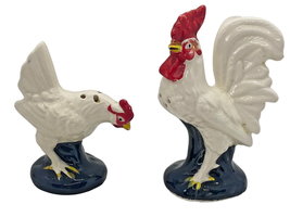 Vintage Hen Chicken and Rooster Salt And Pepper Shakers Black White Red Yellow - £10.27 GBP