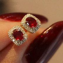 2.50Ct Simulated Ruby Women&#39;s Halo Stud Earring 14k Yellow Gold Plated Silver - $118.79