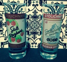 Vintage Pair &quot;Russian Vodka&#39; ~ &quot;Stolichnaya&quot; 4&quot; Slim Shot Glasses Raspberry Spi - £14.01 GBP