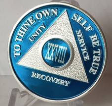 Blue Silver Plated 28 Year AA Chip Alcoholics Anonymous Medallion Coin - £16.29 GBP