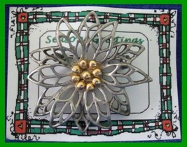 Christmas PIN #0194 Pewter/Silvertone Poinsettia wGoldtone Center HOLIDAY Brooch - £19.29 GBP